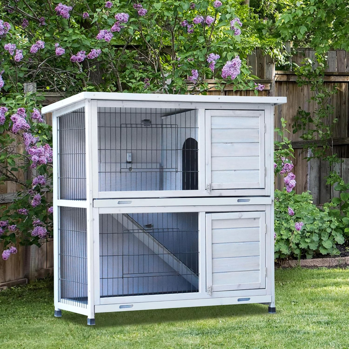 White 2-Story Large Rabbit Hutch with 2 Removable No-Leak Trays M96958