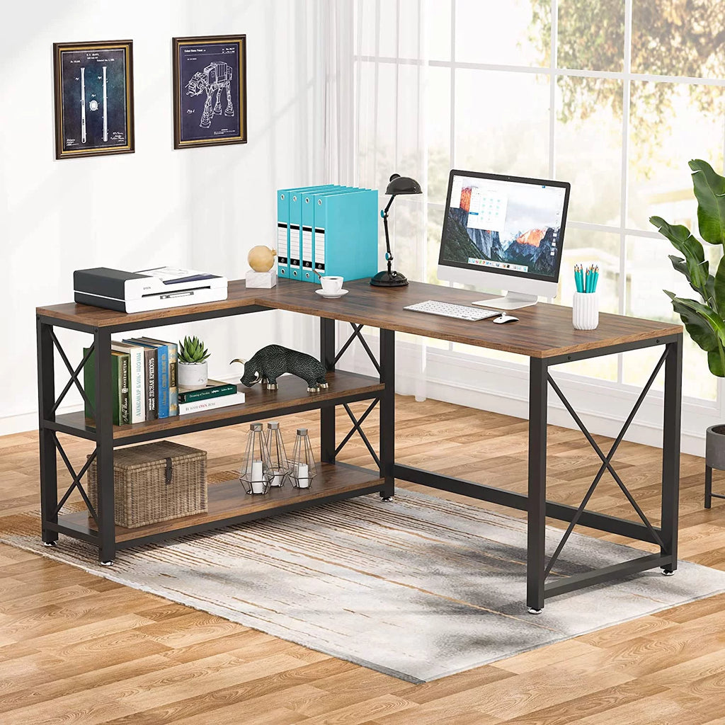 Reversible Industrial L-Shaped Desk with Storage Shelves, Corner Computer Desk (Brown, 59") M411