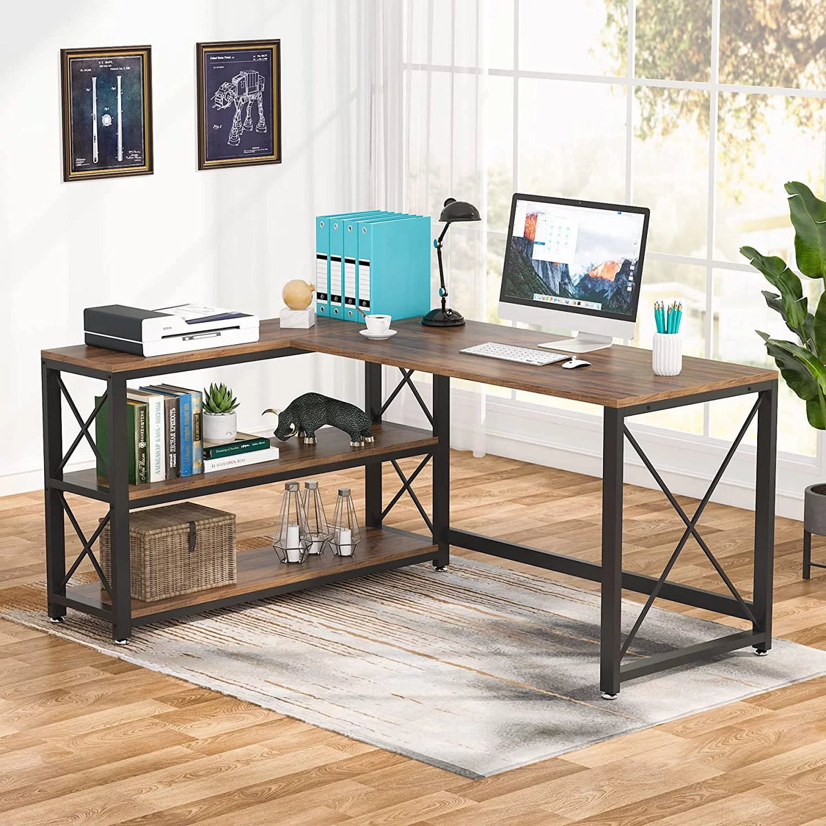 Reversible Industrial L-Shaped Desk with Storage Shelves, Corner Computer Desk (Brown, 59") M411