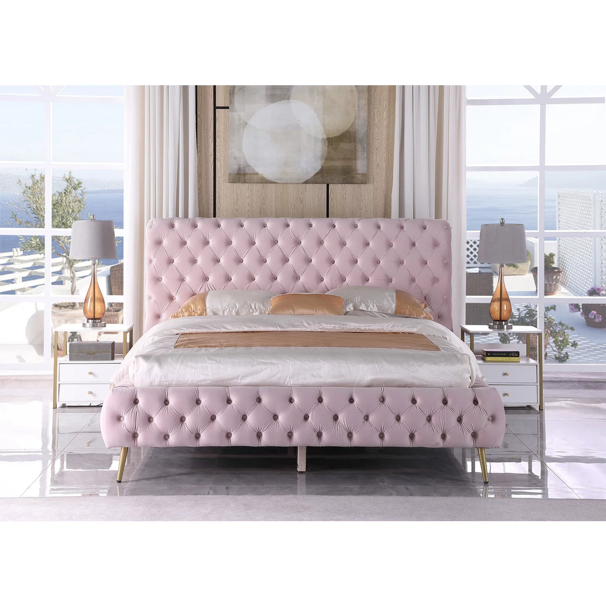 Pink Velvet Platform Cali King Bed L783