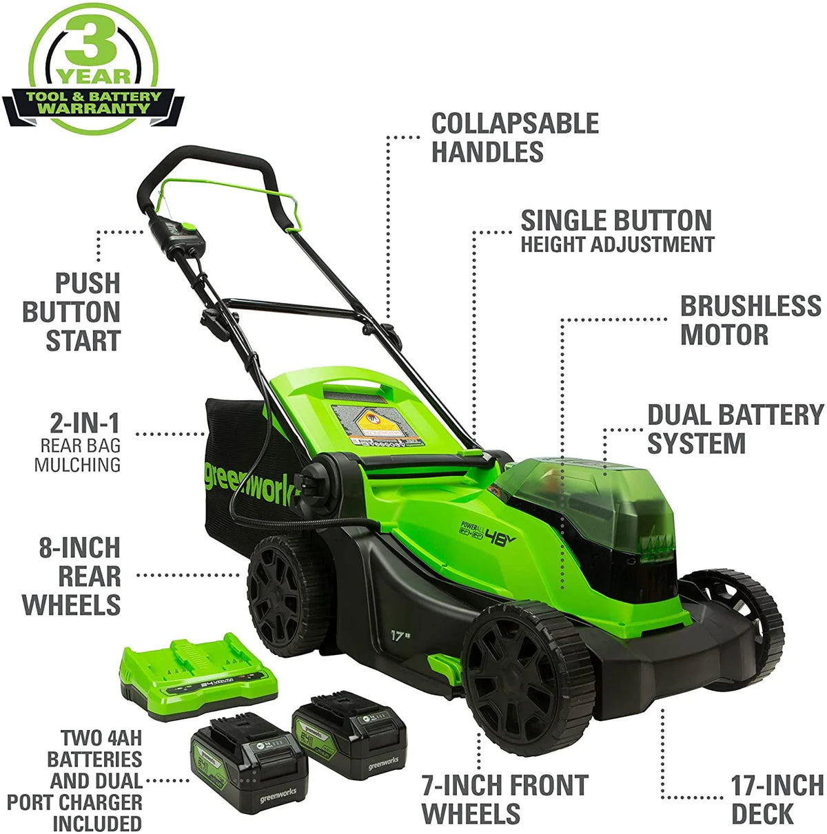 48V 17 Battery-Powered Push Lawn Mower with 2 x 24V 4Ah Batteries A73922