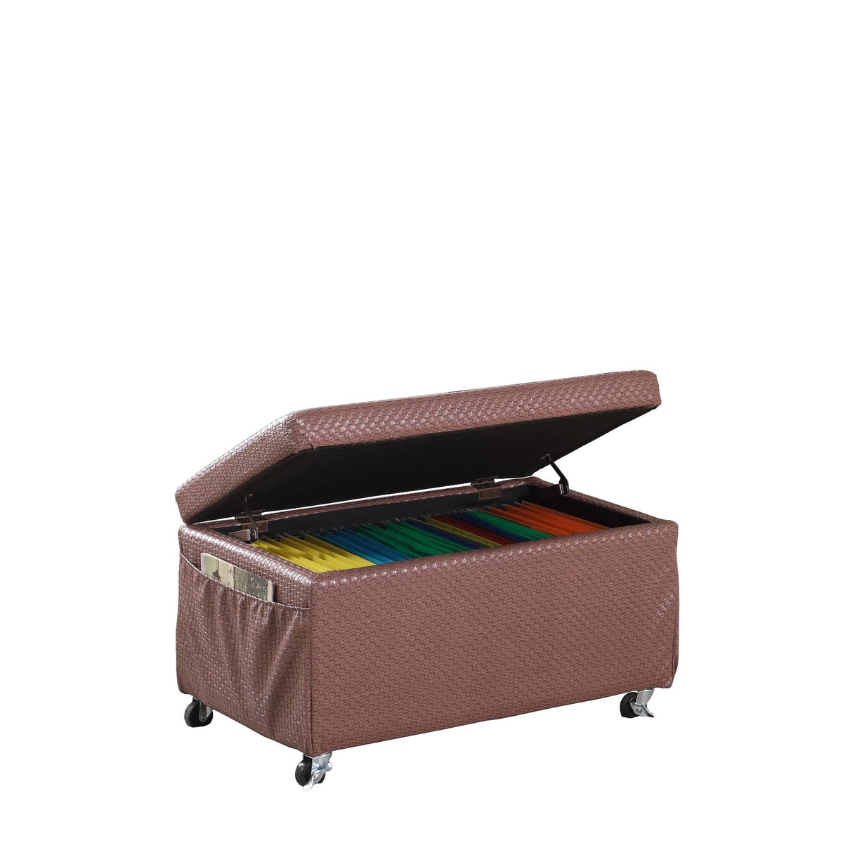 Auburn Brown Basketweave Leatherette Storage Bench with Side Pockets and Caster Wheels H682579