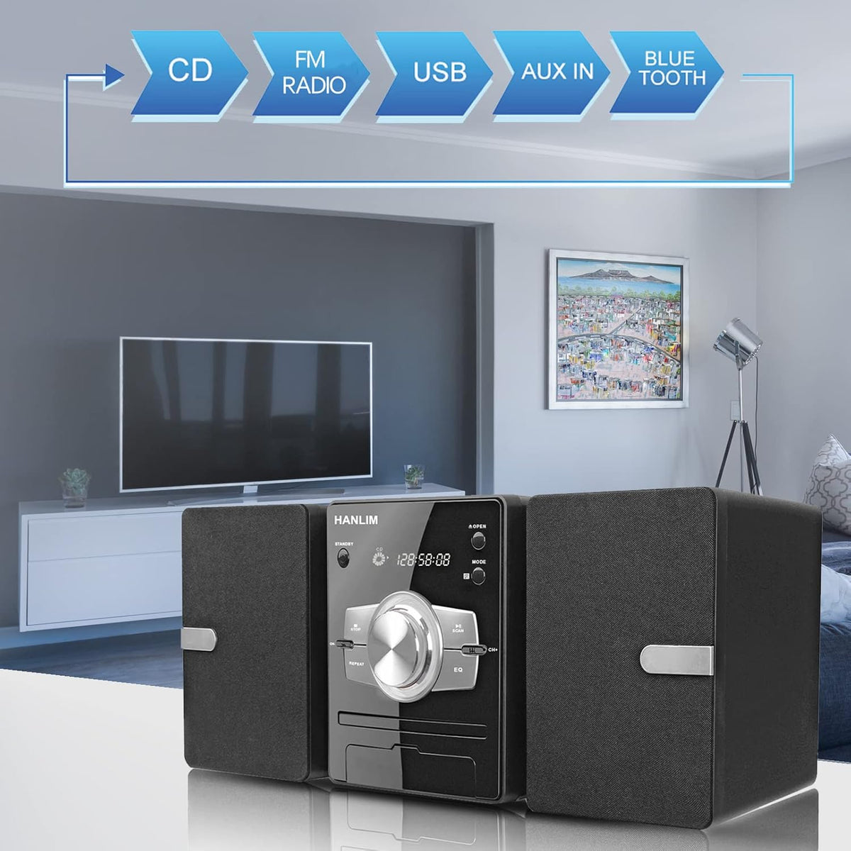 Stereo System with FM Radio, CD Player, USB, Aux-in, Remote Control B4690