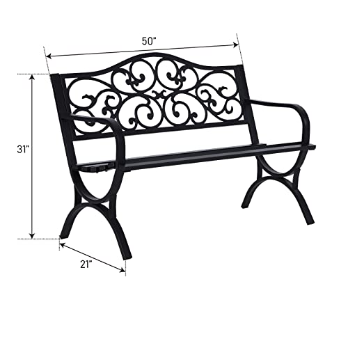 50 Inches Cast Iron Metal Patio Bench with Floral Pattern Backrest N6922