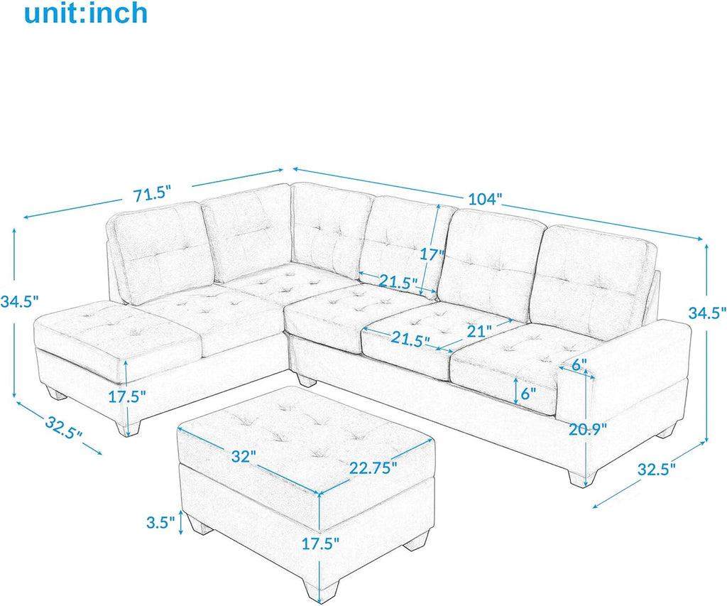 Linen Upholstered L Shaped Sofa Set with Ottoman Storage, Light Gray U482654