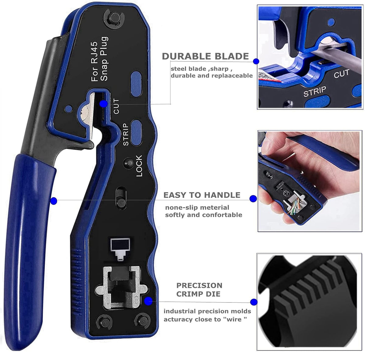 RJ45 Crimp Tool Ethernet Cable Crimper Wire Cutter Stripper Network Pass Through Crimping Tool Kit for Cat5e Cat6 Cat6a, 50Pcs Cat6 Connector & 50Pcs Cat6 Protector Cover S263