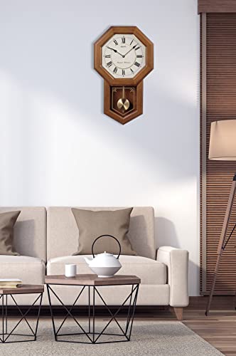 Light Oak Traditional Schoolhouse Wall Clock with Chime & Pendulum S81635