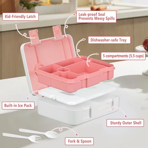 Kids 5 Compartment Leak-Proof Bento Lunch Box with Ice Pack and Utensils F925