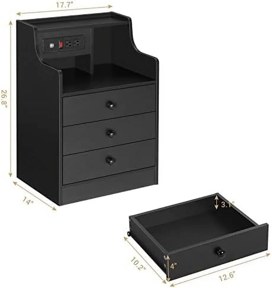 Black 3 Drawer Wood Nightstand with Charging Station L887825