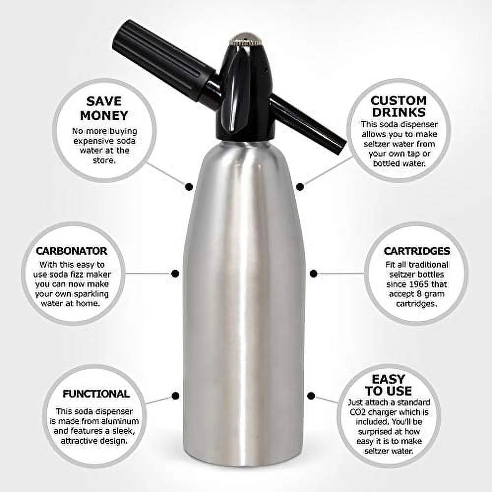 1 Liter Aluminium Soda Siphon with 20 Pack 8 Gram Co2 Cartridges H8770