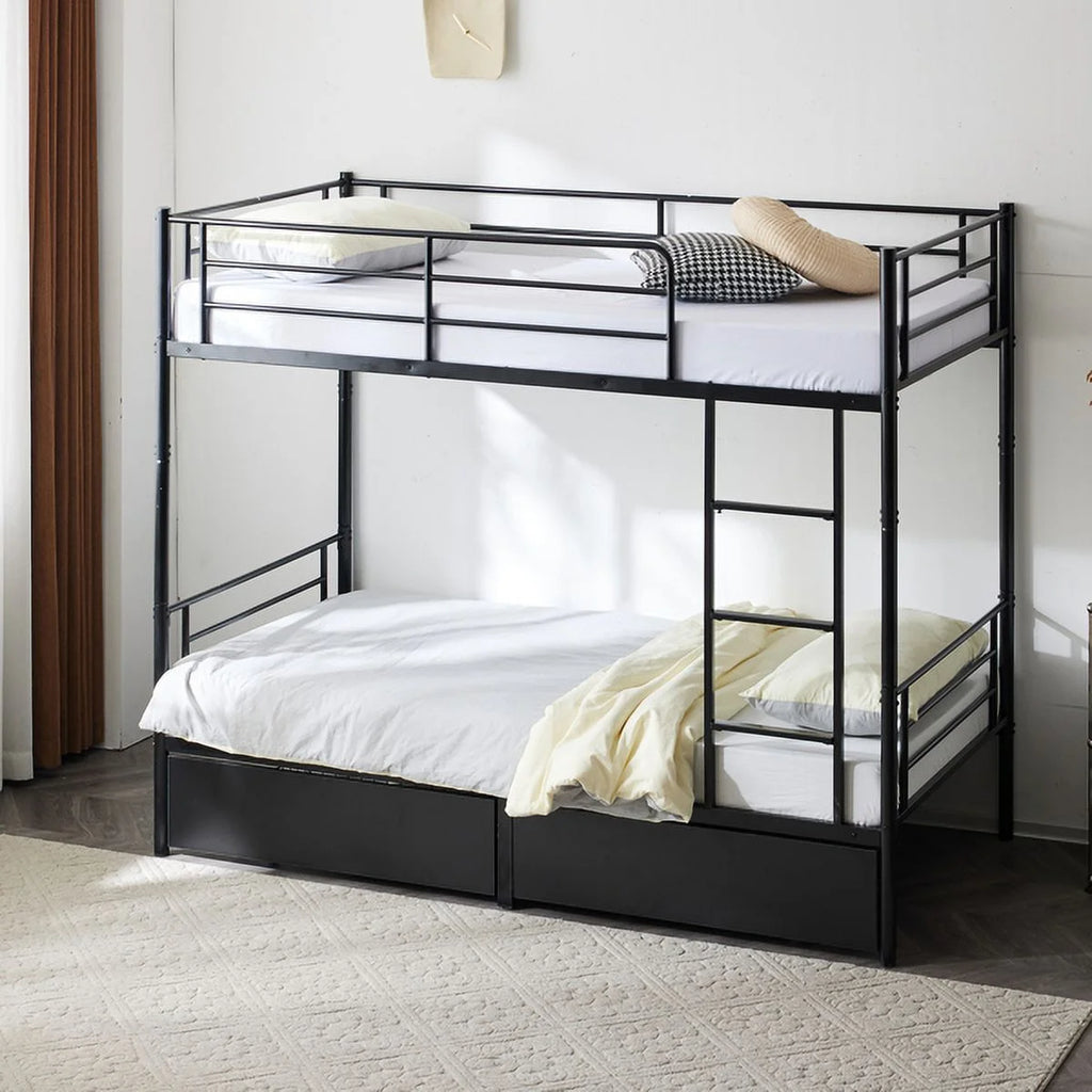 Black Twin Over Twin Iron Convertible Bunk Bed with 2 Storage Drawers B5482