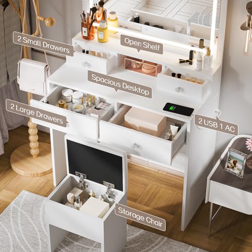 White Makeup Vanity with Lighted Mirror and Charging Station Z55013