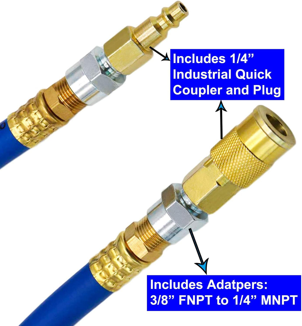 Hybrid Air Hose 1/2-Inch I.D. by 100-Feet Long Solid Brass Fittings 300 PSI Heavy Duty Lightweight Kink Resistant with 3/8" and 1/4" Industrial Quick Coupler Connectors Blue Y614185