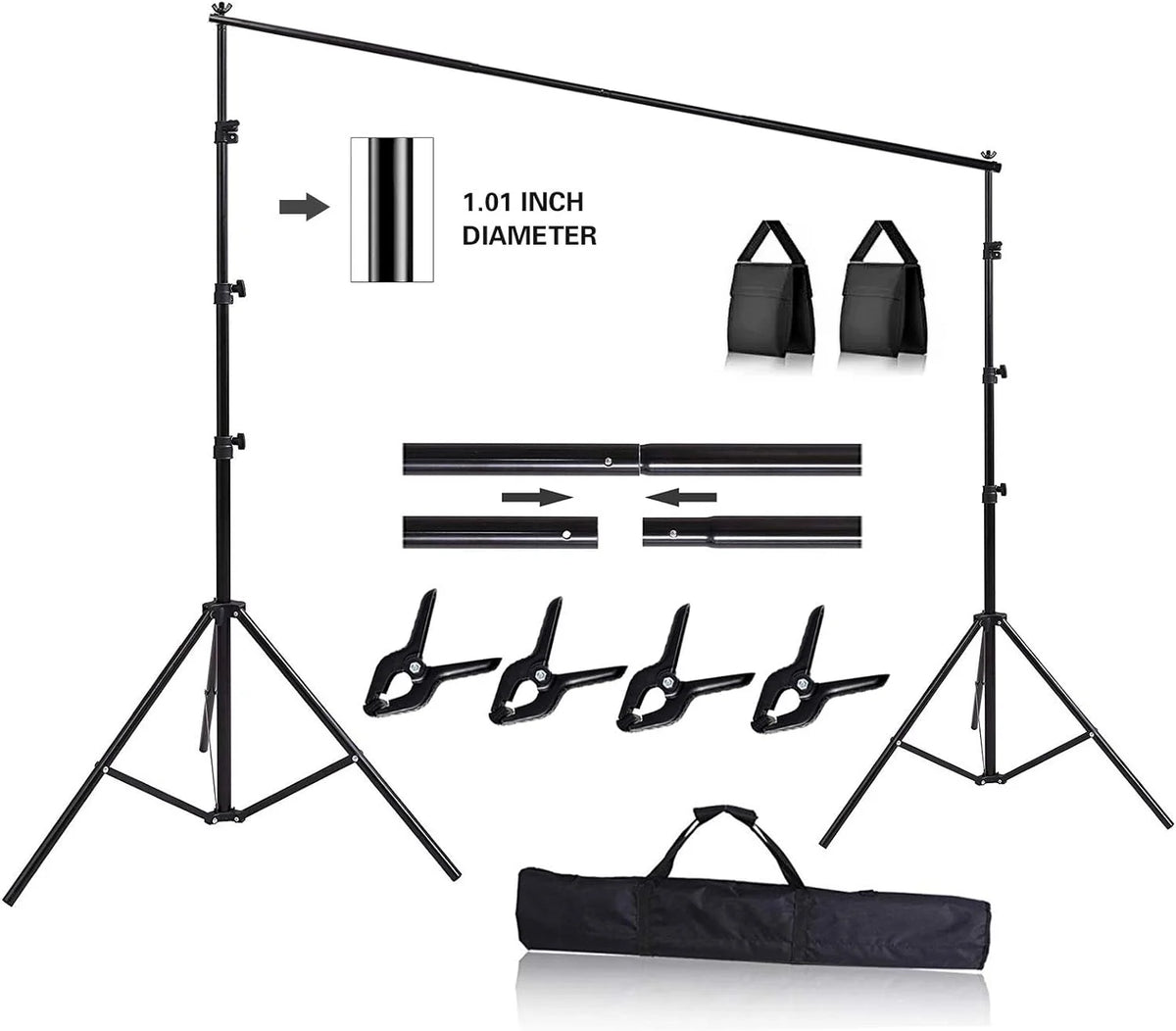 10ft Adjustable Background Support Stand Photography Video Studio Backdrop Kit with 4 Backdrop Clamps and 2 Sandbags Black A2015