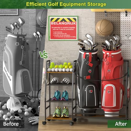 Golf Bag Storage Rack with Wheels, Black Y40571