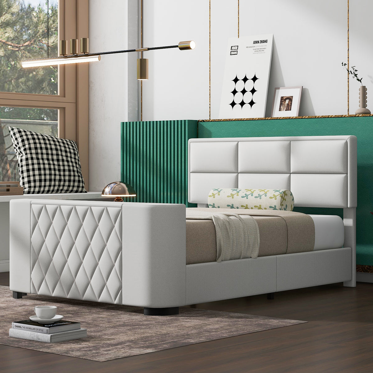 Queen Size Upholstery Platform Bed Frame with Adjustable Headboard V1875