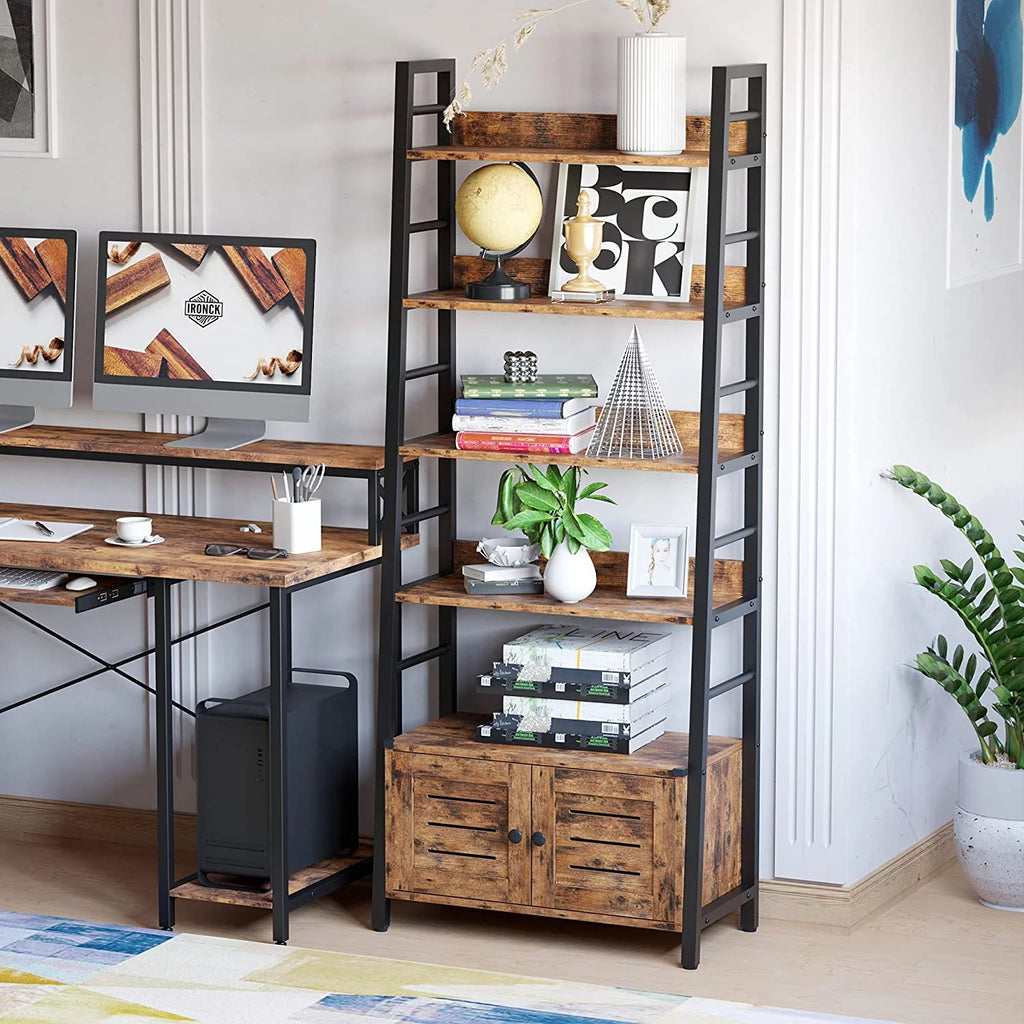 4 Shelf Rustic Brown Bookshelf with Cabinet H295