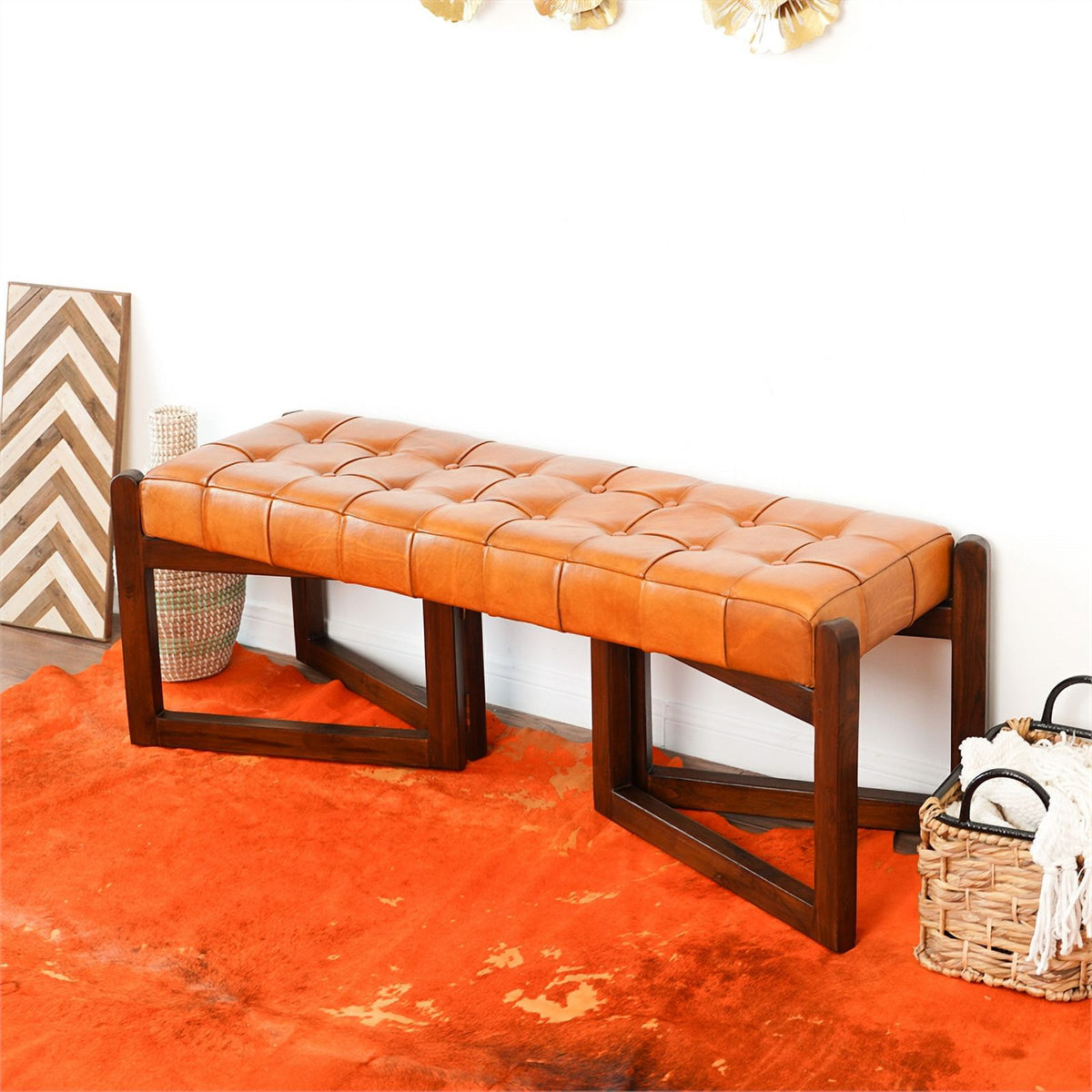 Tan Upholstered Leather Bench W4931
