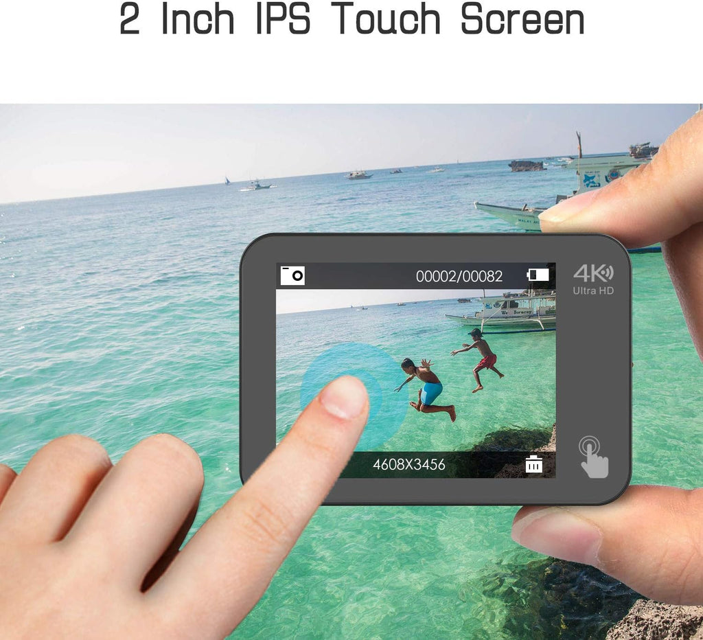 4K 60FPS 20MP Waterproof Action Camera with Touch Screen Stabilizer 2 Rechargeable 1350 Batteries and Accessories Kit P8086
