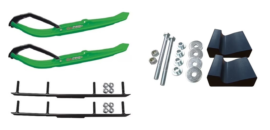 Green MTX Snowmobile Skis with 4" Round Bars Complete Kit H1622