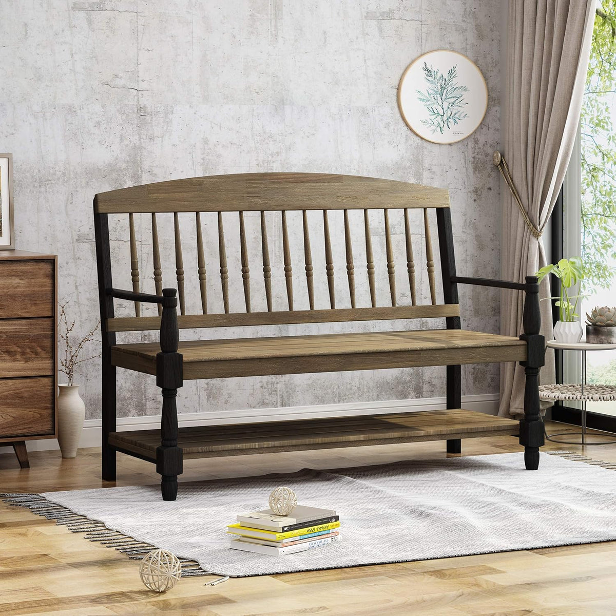 Gray and Black Acacia Wood Bench with Shelf K8383