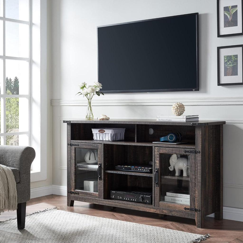 Light Rustic Oak TV Stand with Glass Storage Cabinets V625055