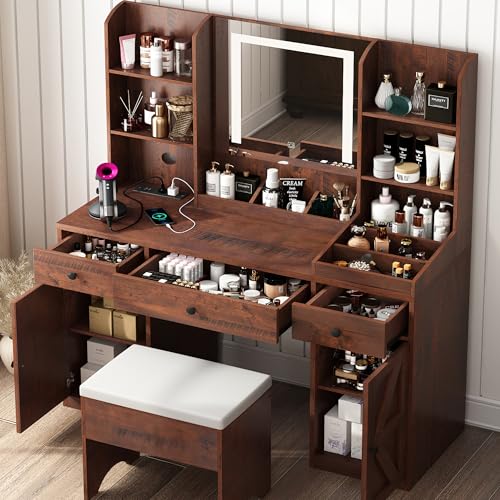 43" White Vanity Desk with Outlet, Stool, Mirror, Lights, 11 Shelves, 3 Drawers, 2 Cabinets C458