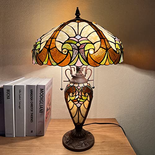 16" Wide Handmade Stained Glass Amber Cream Table Lamp R1715