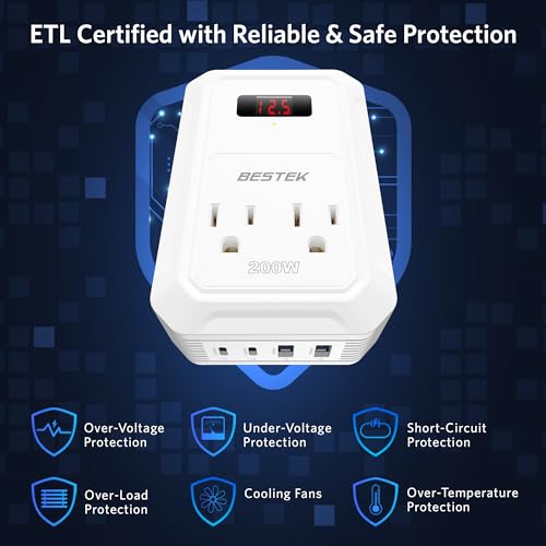 200W Car Power Inverter DC 12V to 110V AC Converter with 2 USB-C and 2 USB-QC LCD Screen Dual AC Adapter B630192
