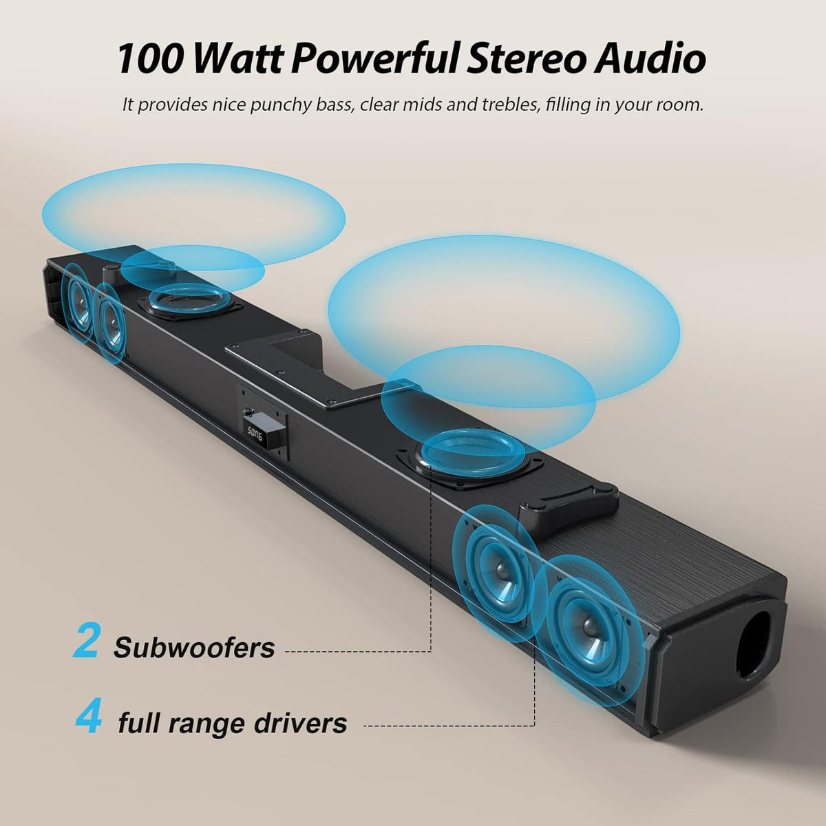 Soundbar with Built-in Dual Subwoofers, 6 Speakers, Bluetooth 5.0, HDMI ARC/Optical/AUX, 100W 2.1 G34142