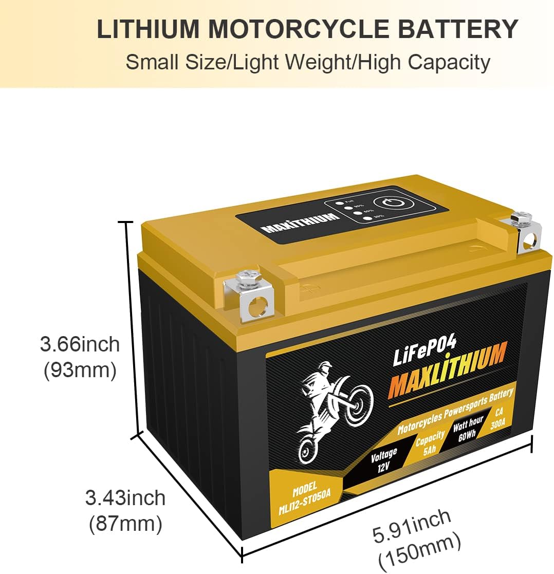 12V 5Ah 300A Lithium Powersports Battery with Battery State-of-charge Indicator W9294