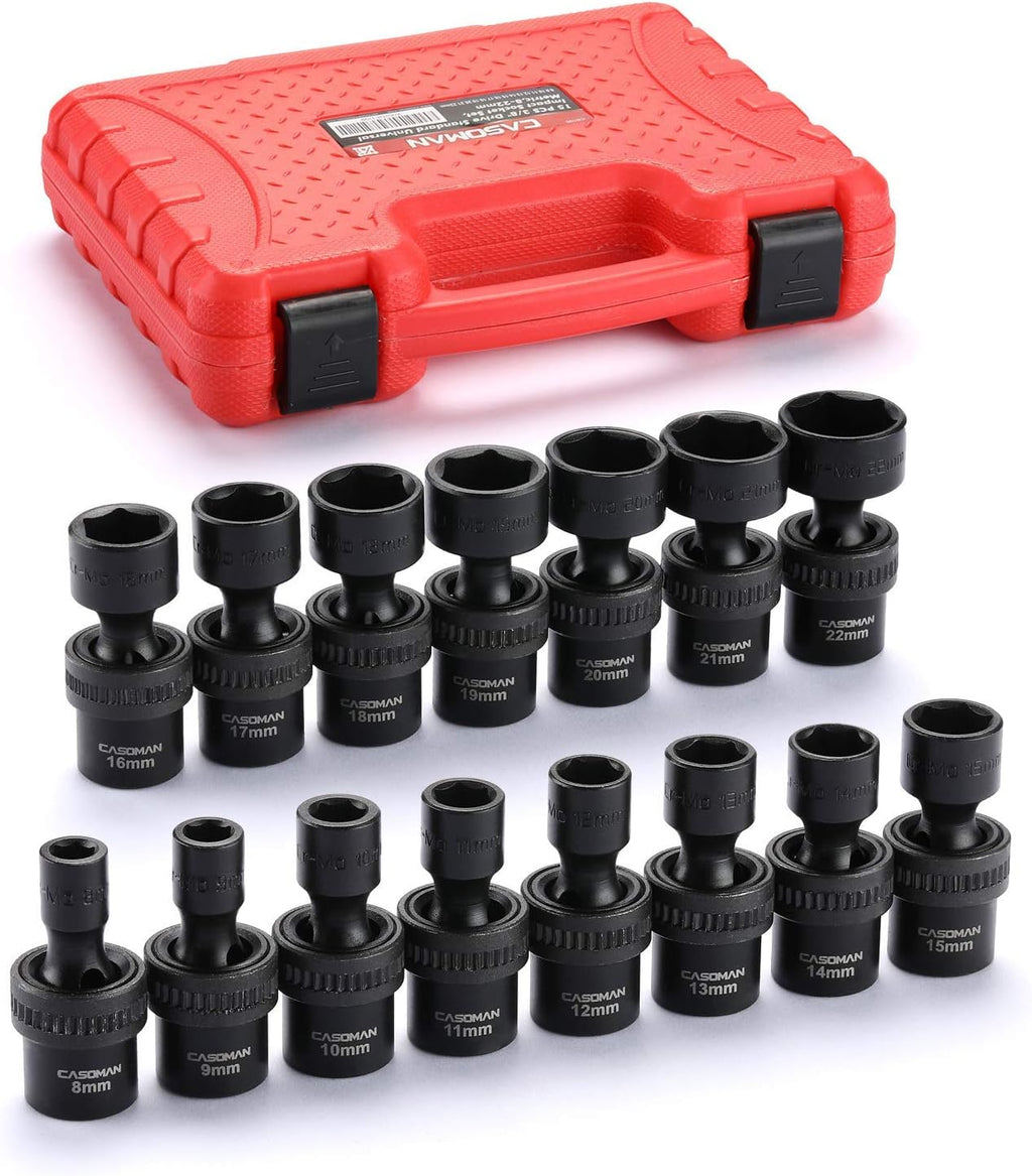 15 PCS 3/8 Drive Shallow Universal Impact Socket Set, 6 Point, Metric, 8-22mm R7555