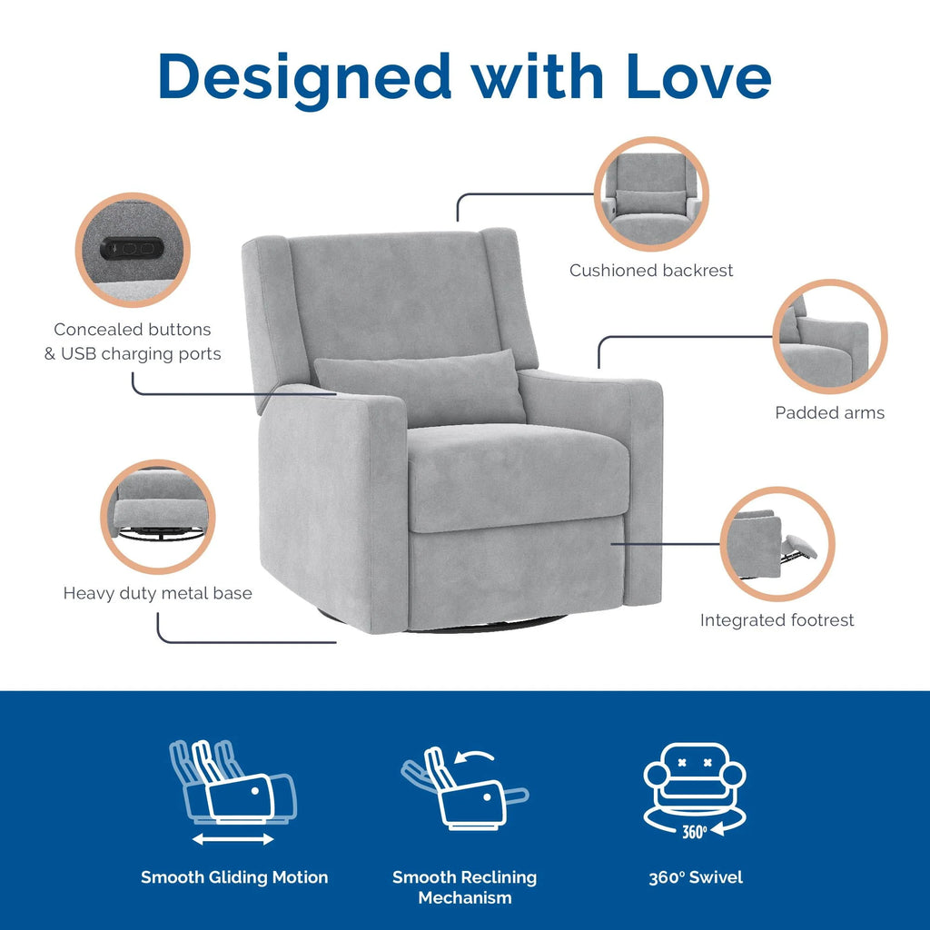 Gray Velvet Swivel Glider Recliner with USB Ports T655
