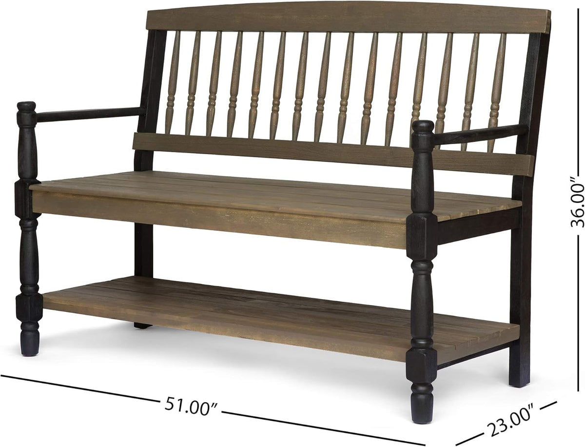 Gray and Black Acacia Wood Bench with Shelf K8383