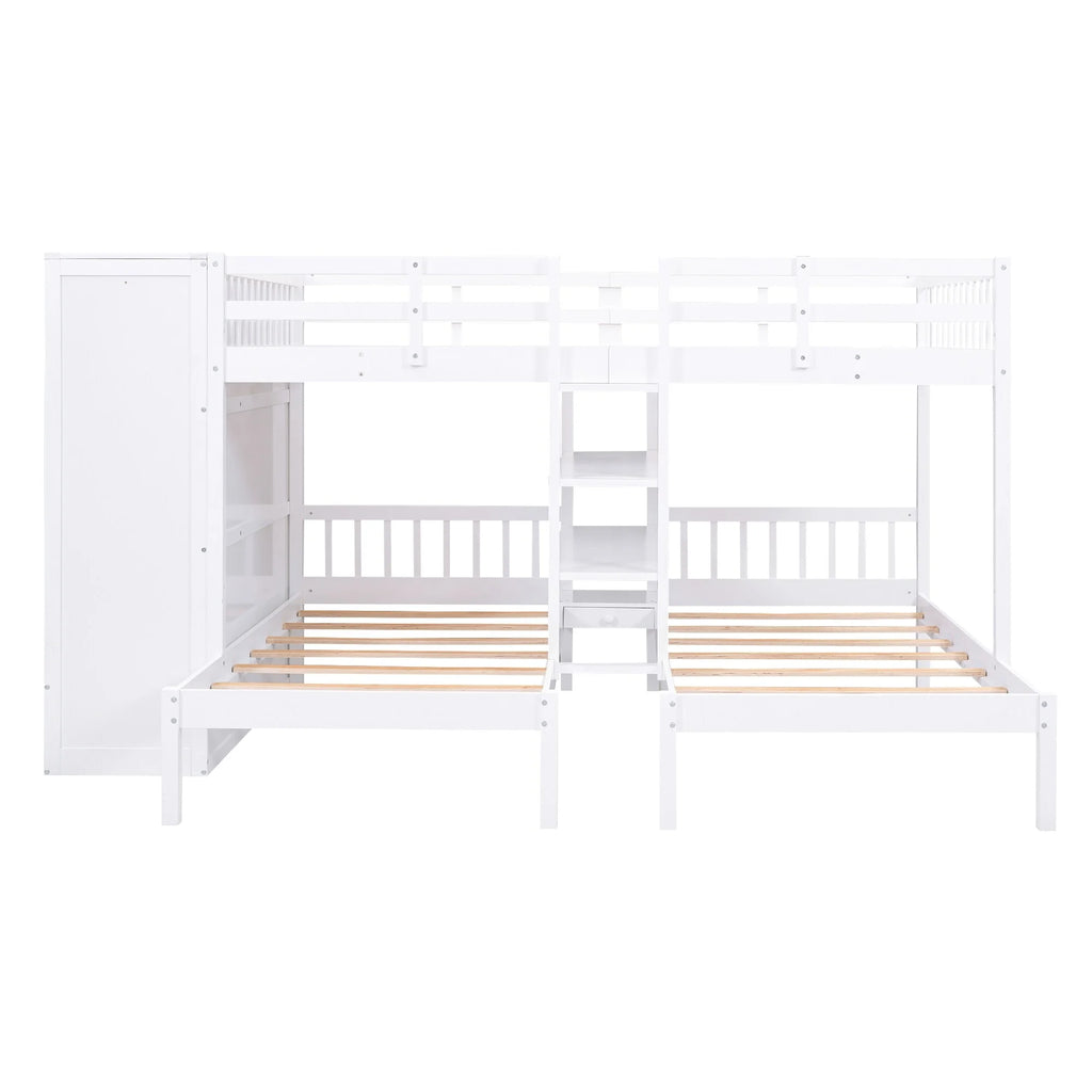 White Full-Over-Twin-Twin Bunk Bed with Shelves, Wardrobe, Mirror, and Storage V236
