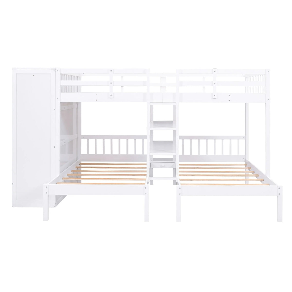 White Full-Over-Twin-Twin Bunk Bed with Shelves, Wardrobe, Mirror, and Storage V236