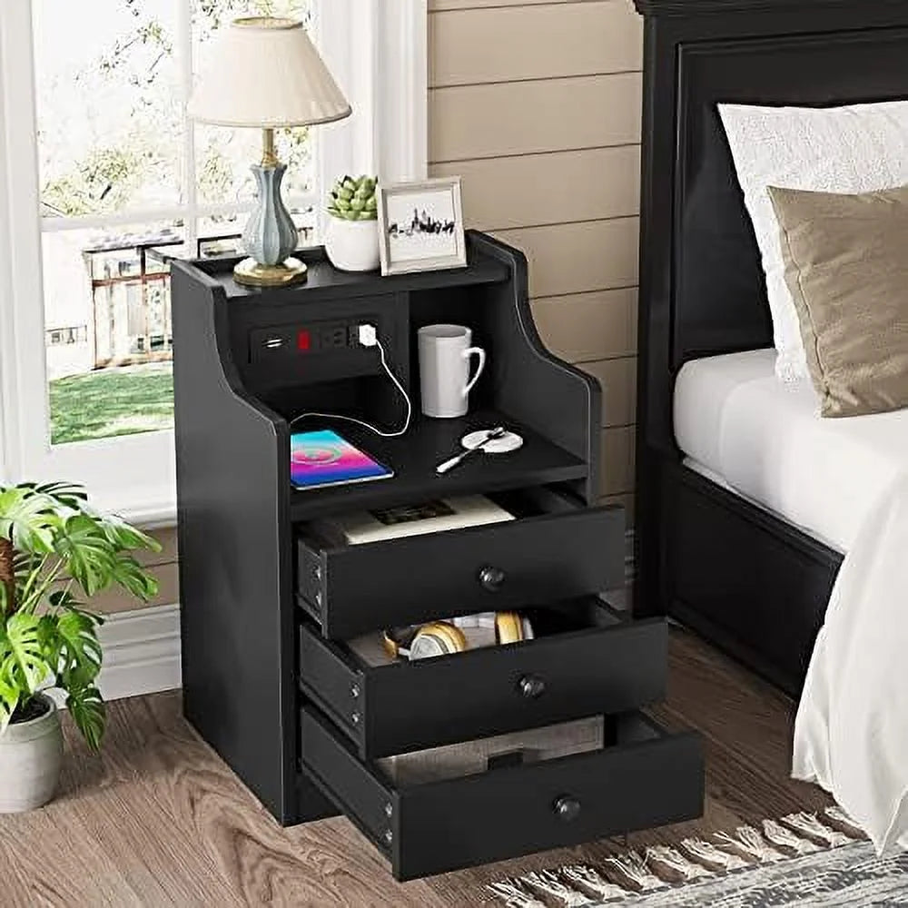 Black 3 Drawer Wood Nightstand with Charging Station L887825