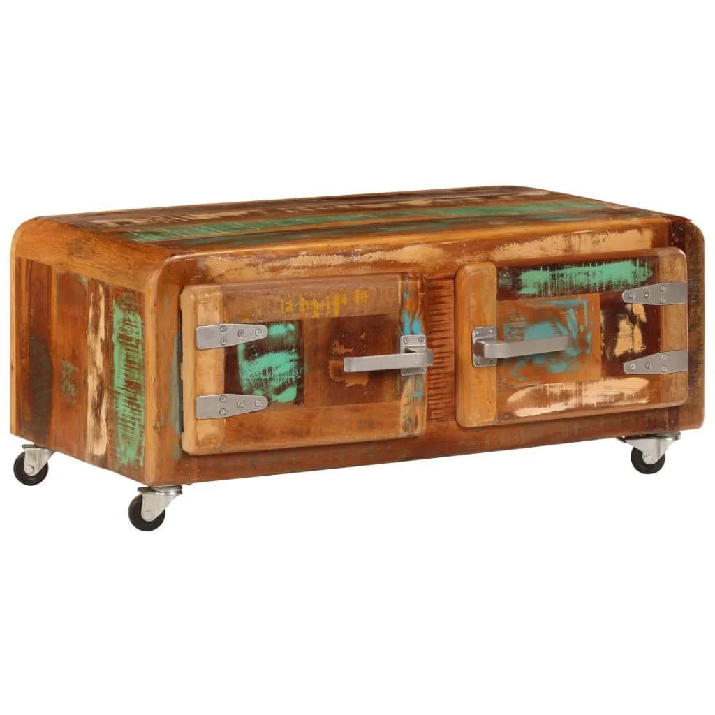 Rustic Coffee Table with Storage Cabinet and Wheels Reclaimed Wood S45260