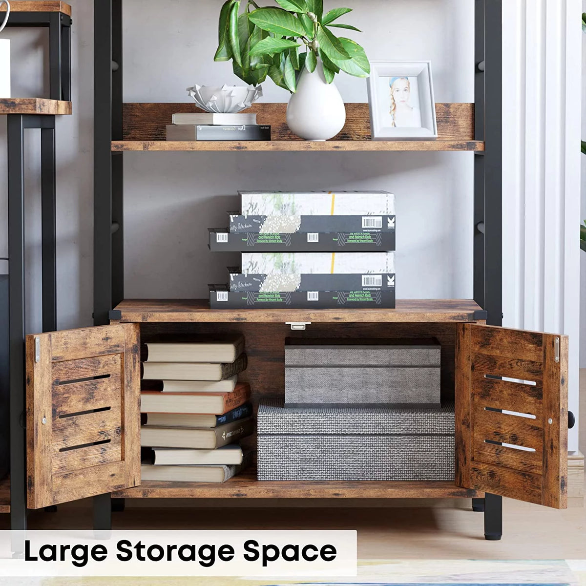 4 Shelf Rustic Brown Bookshelf with Cabinet H295