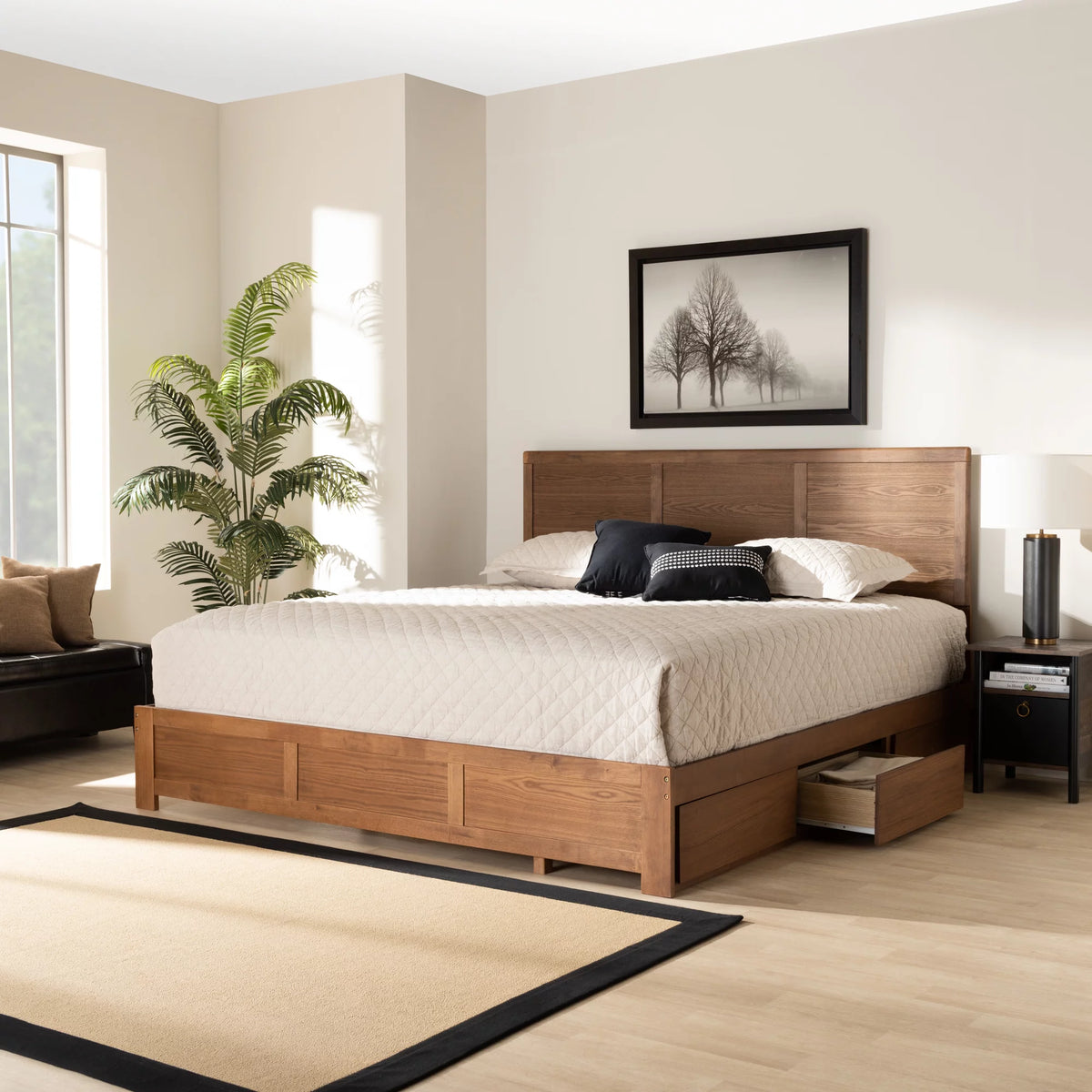 King Ash Walnut Wood Storage Platform Bed T344843