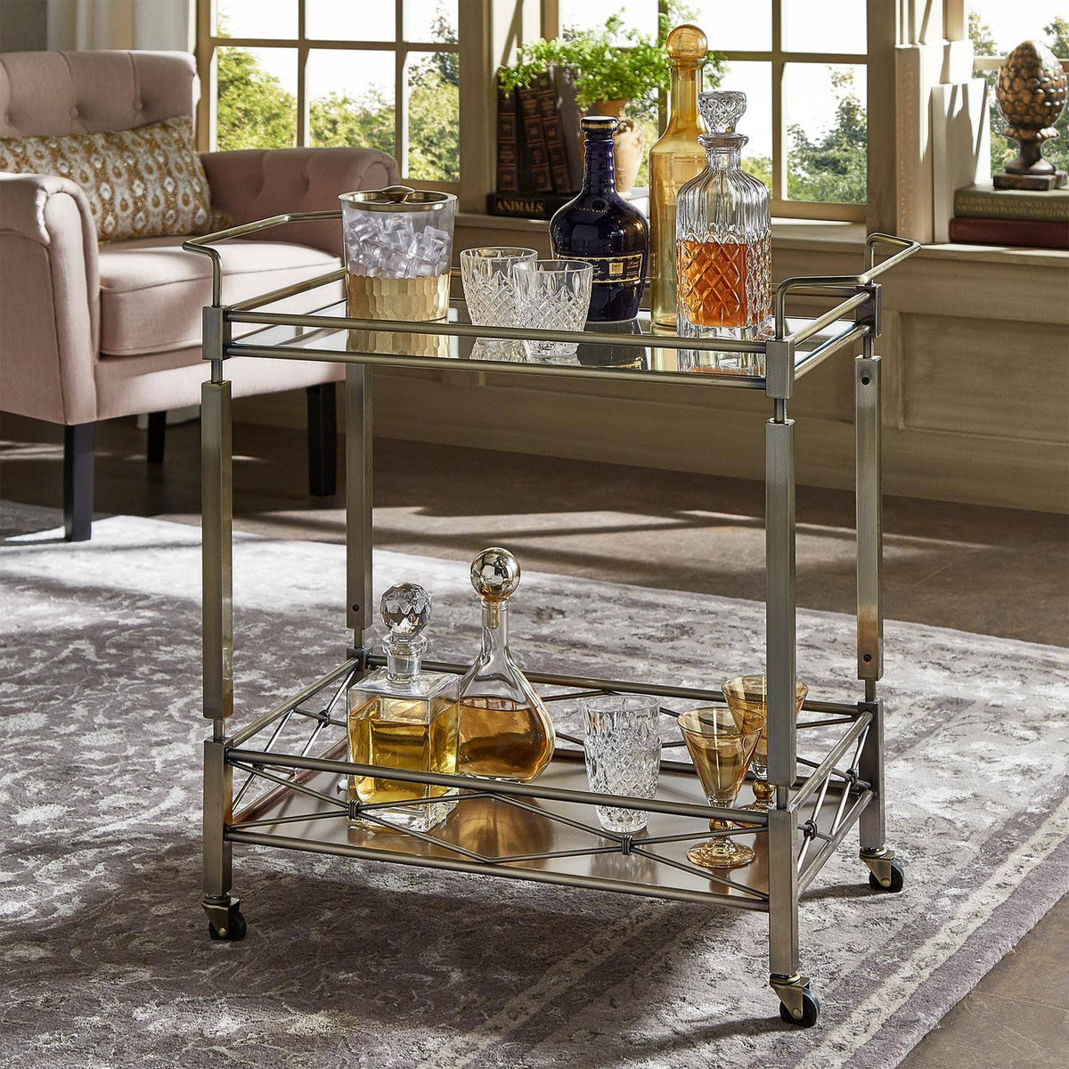 Antique Brass Clear Tempered Glass Metal Kitchen Cart P69878