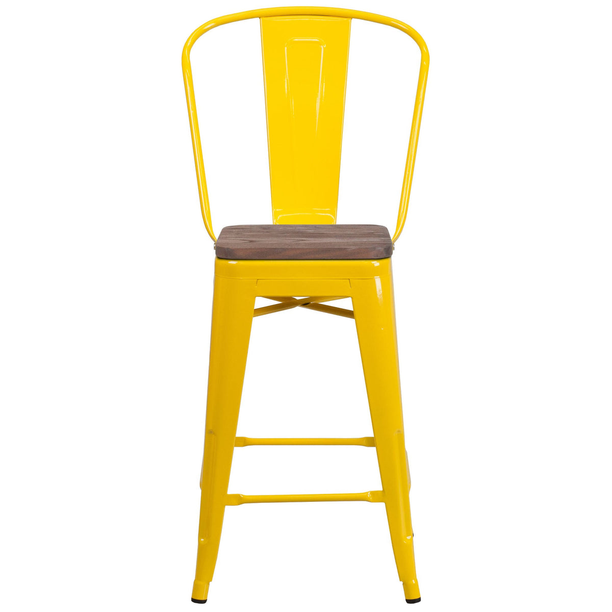 Yellow Metal Counter Height Stool with Back and Wood Seat K2268