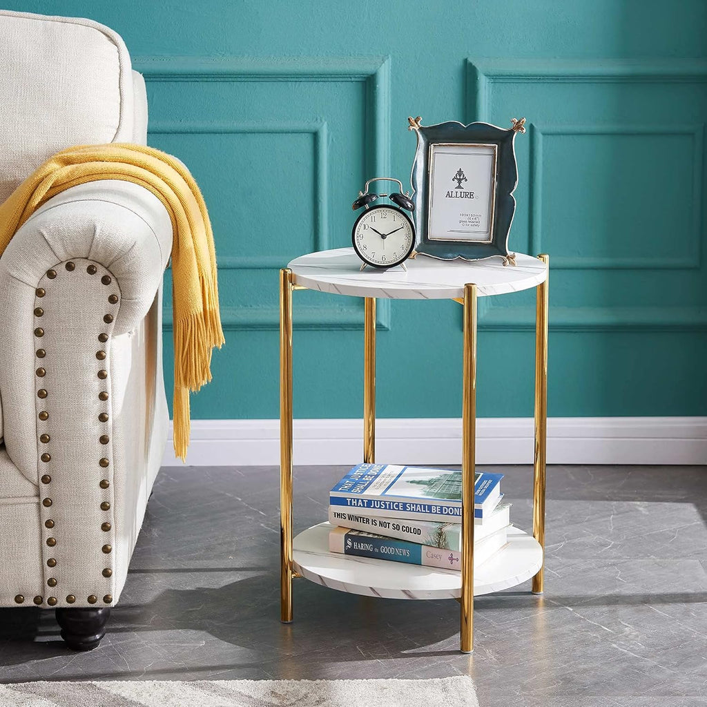 White Marble 2-Tier Square Side End Table with Storage Shelf X33120