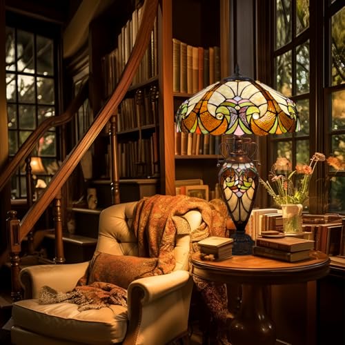 16" Wide Handmade Stained Glass Amber Cream Table Lamp R1715