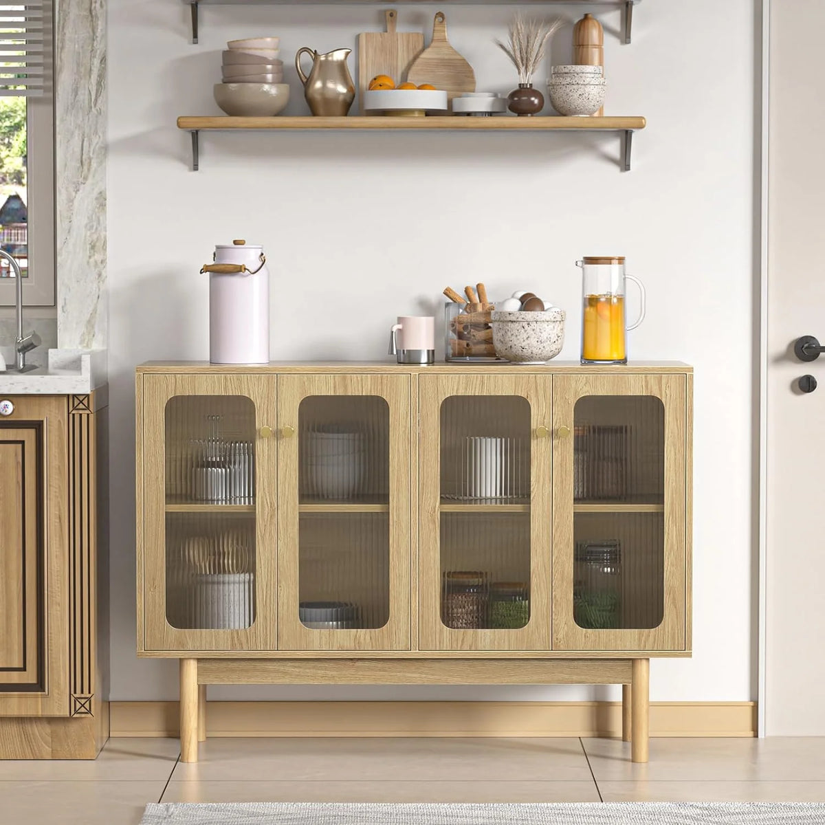 4 Door Wood Buffet Cabinet with Glass Door and Adjustable Shelves M59437