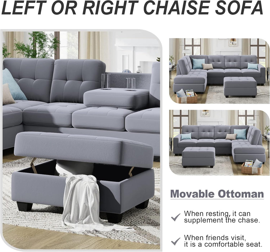 Linen Upholstered L Shaped Sofa Set with Ottoman Storage, Light Gray U482654