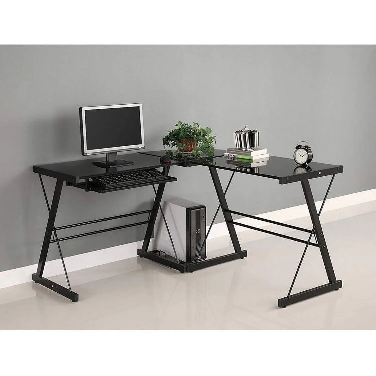 L-Shaped Tempered Glass Computer Desk with Shelf & Keyboard Tray C874