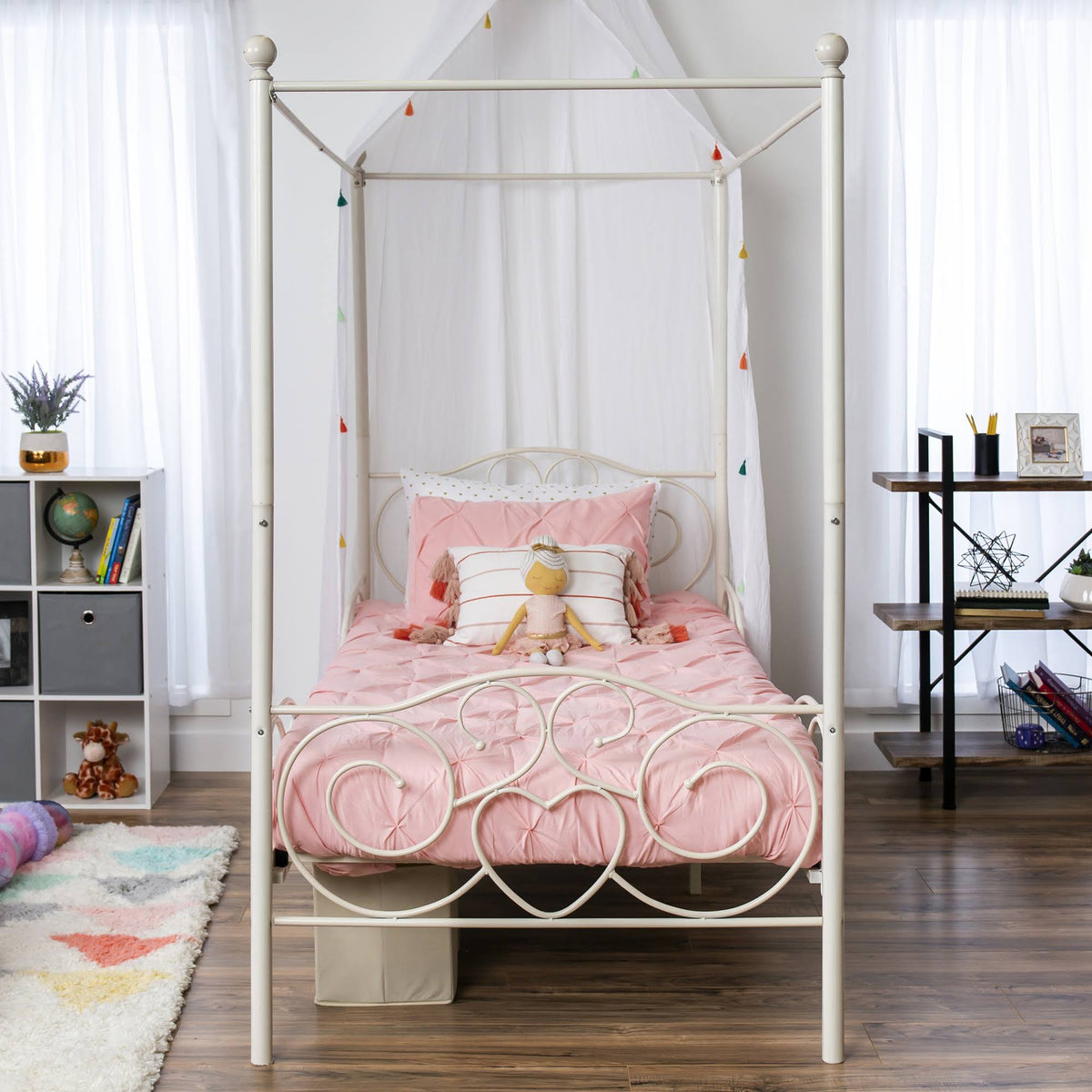 White 4 Post Metal Twin Bed Frame with Headboard and Footboard O618