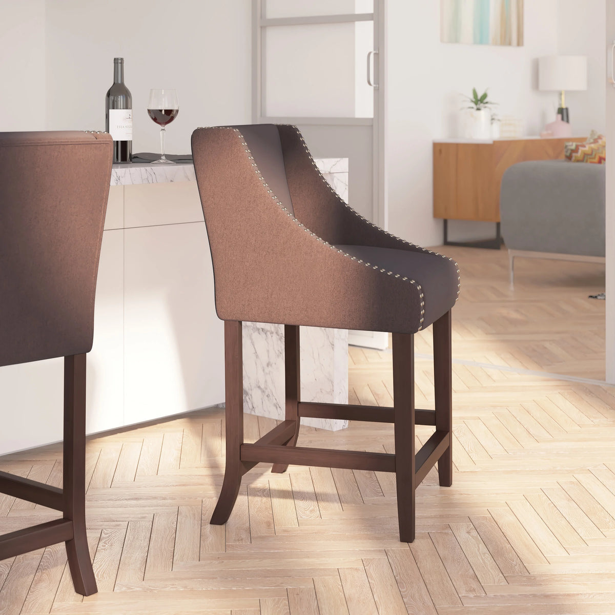 Walnut Counter Height Stool with Nailhead Trim in Brown Fabric - Set of 2 E72995