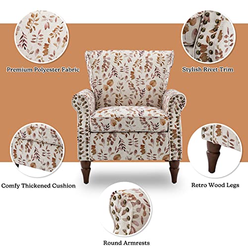 Blue Floral Pattern Upholstered Accent Chair with Wood Legs B36056